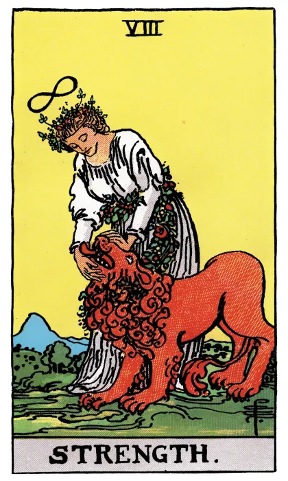 Strength tarot card from a Rider-Waite-Smith-style deck