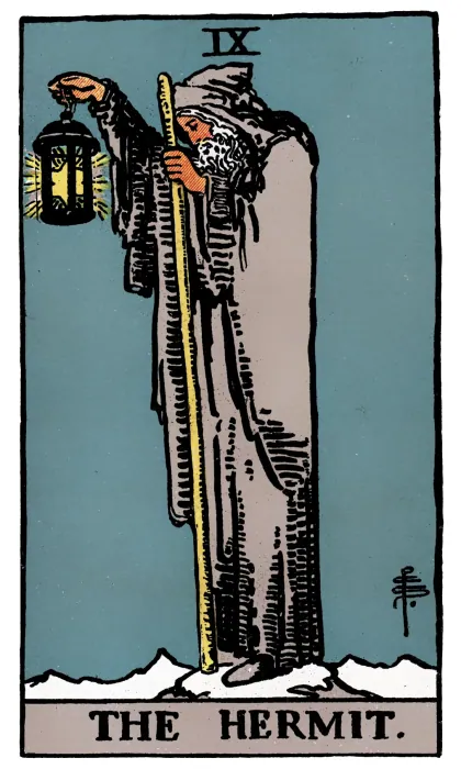 The Hermit tarot card from a Rider-Waite-Smith-style deck