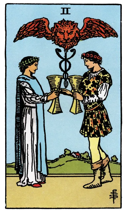 Two of Cups tarot card from a Rider-Waite-Smith-style deck
