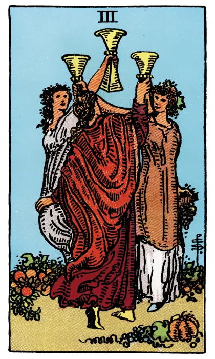 Three of Cups tarot card from a Rider-Waite-Smith-style deck