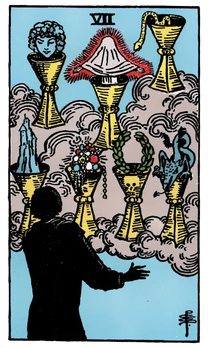 Seven of Cups tarot card from a Rider-Waite-Smith-style deck