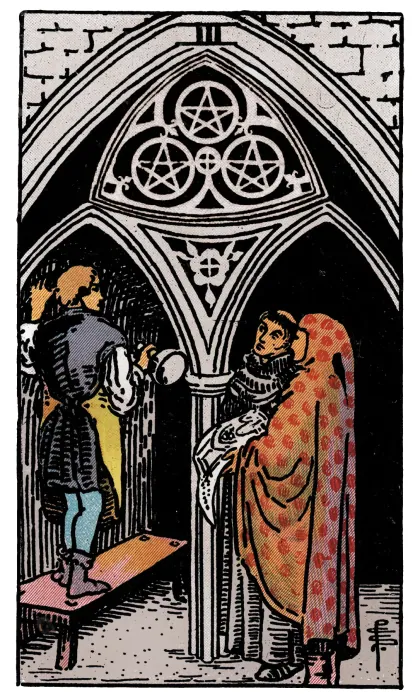 Three of Pentacles tarot card from a Rider-Waite-Smith-style deck