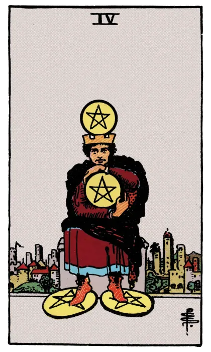 Four of Pentacles tarot card from a Rider-Waite-Smith-style deck