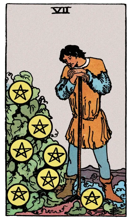Seven of Pentacles tarot card from a Rider-Waite-Smith-style deck