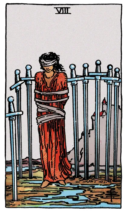 Eight of Swords tarot card from a Rider-Waite-Smith-style deck
