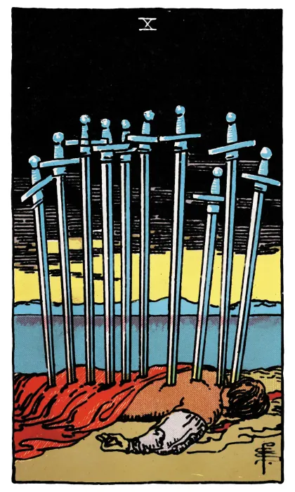 Ten of Swords tarot card from a Rider-Waite-Smith-style deck