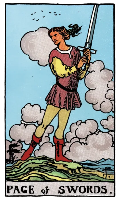 Page of Swords tarot card from a Rider-Waite-Smith-style deck