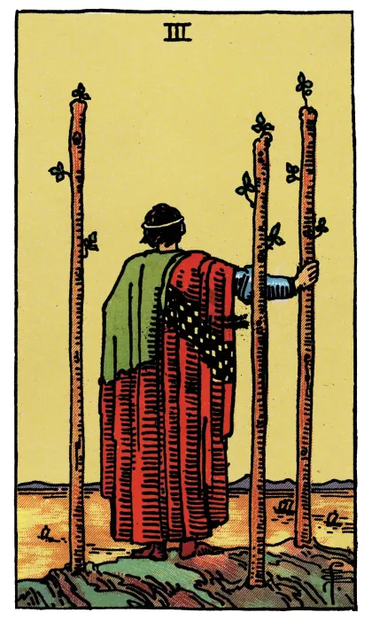 Three of Wands tarot card from a Rider-Waite-Smith-style deck