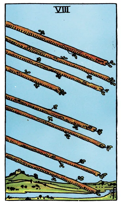 Eight of Wands tarot card from a Rider-Waite-Smith-style deck