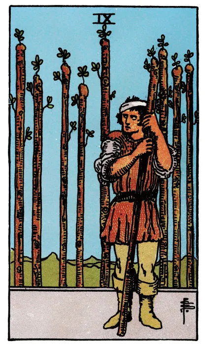 Nine of Wands tarot card from a Rider-Waite-Smith-style deck