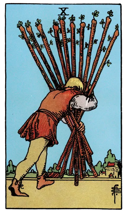 Ten of Wands tarot card from a Rider-Waite-Smith-style deck