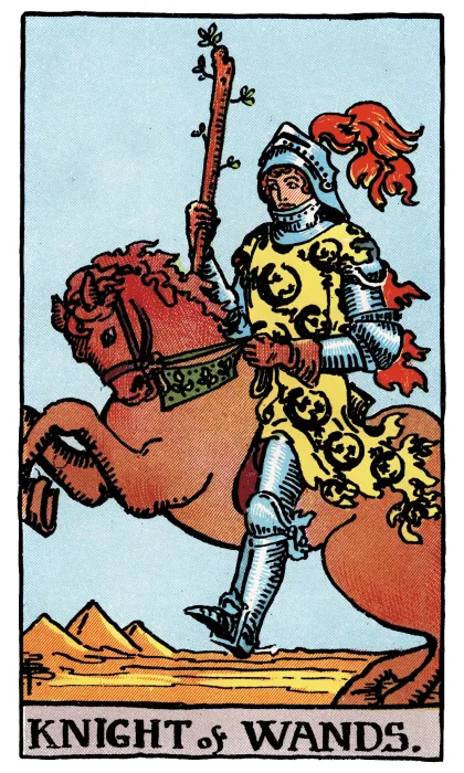 Knight of Wands tarot card from a Rider-Waite-Smith-style deck