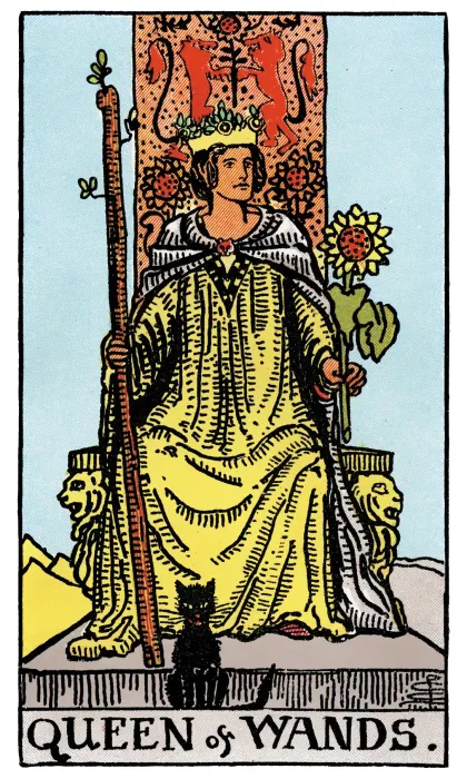 Queen of Wands tarot card from a Rider-Waite-Smith-style deck